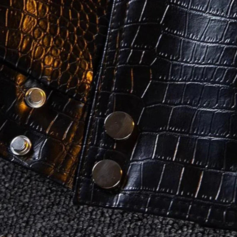 Gmiixder Functional Imitation Crocodile Leather Jacket Men's Spring Autumn American Retro High Street Motorcycle Leather Coat
