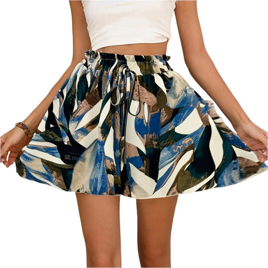 Women's Bohemian shorts high waist drawstring loose shorts lightweight comfortable beach shorts print wide leg short pants