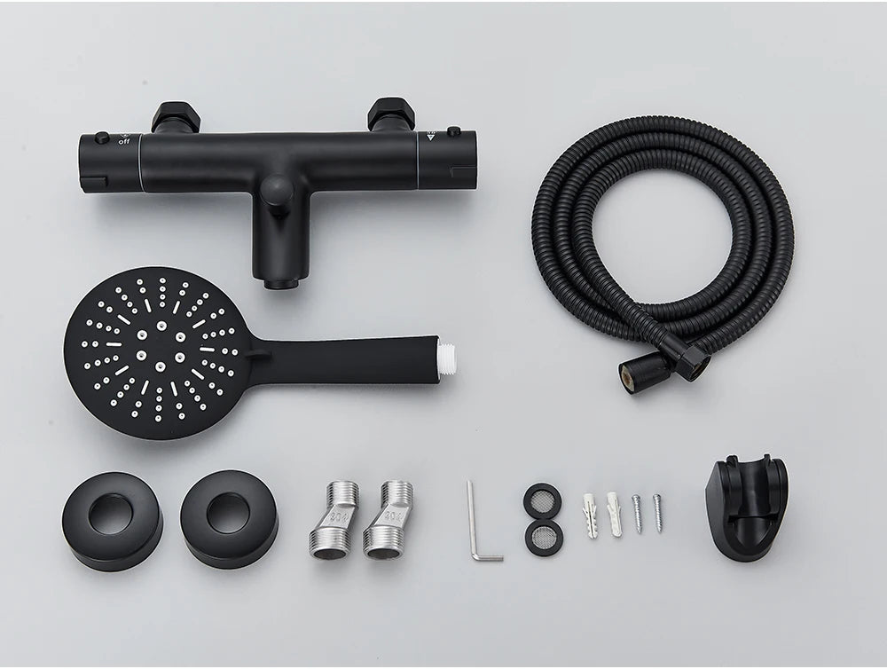 Thermostatic Shower Set Black/Chrome Brass Wall Mounted Bathroom Shower Thermostat Mixer Valve Handle Spray Bathroom Accessories