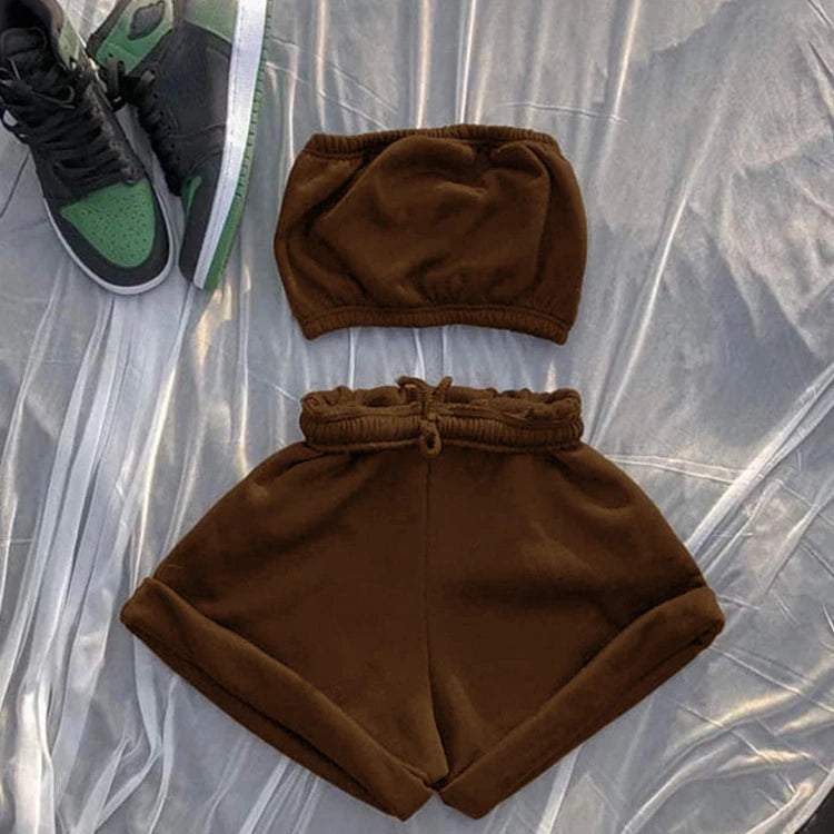 Thin Summer New Solid Color Lace Up Tracksuits Women Sleeveless Backless Tube And Shorts Two Piece Sets Casual 2pcs Outfits
