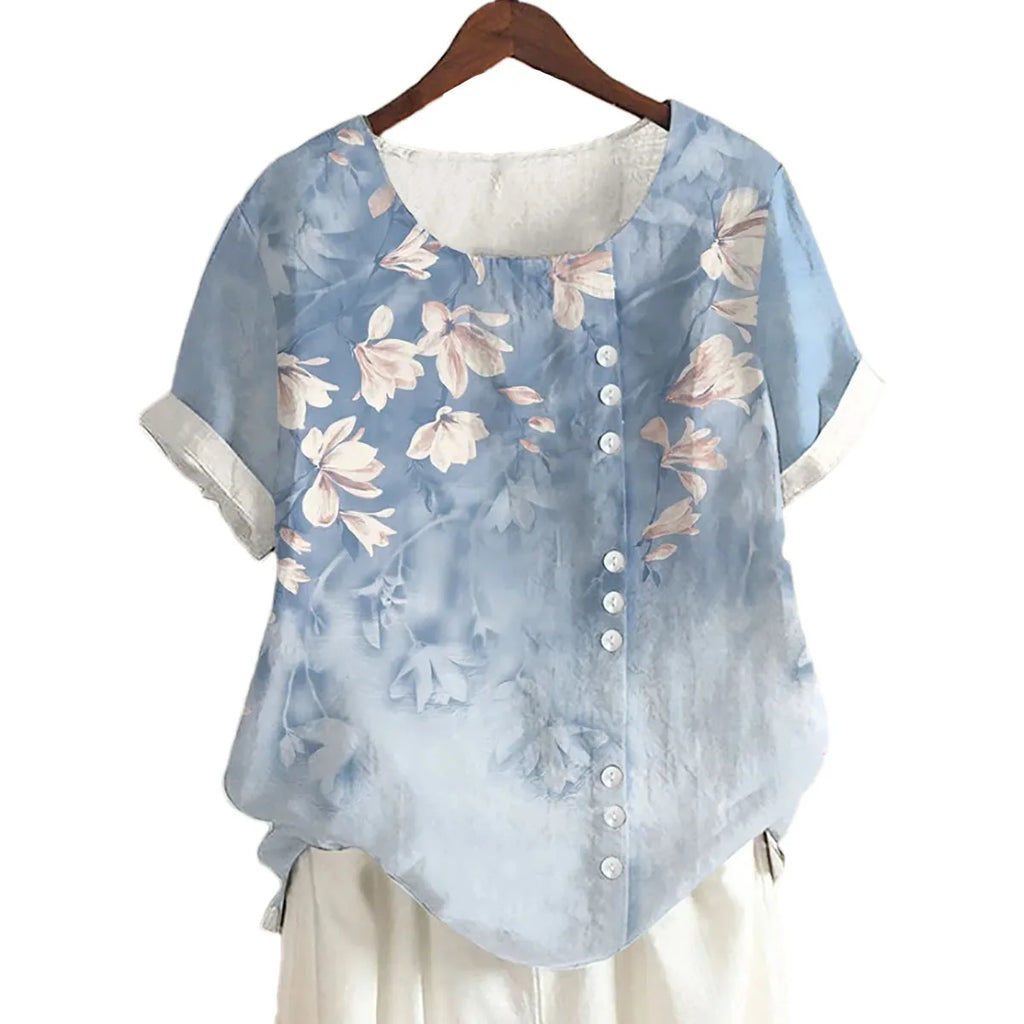 2025 Summer retro fashion printed loose casual shirt top, suitable for casual or vacation ladies' beachwear