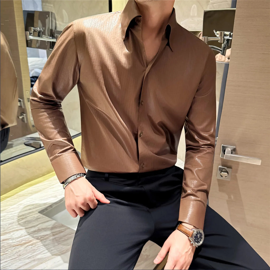 Men's 2026 Spring Luxury Lyocell Cotton Shirt, Leather-Like Texture Jacquard V-Neck, Long Sleeve Business Casual Top