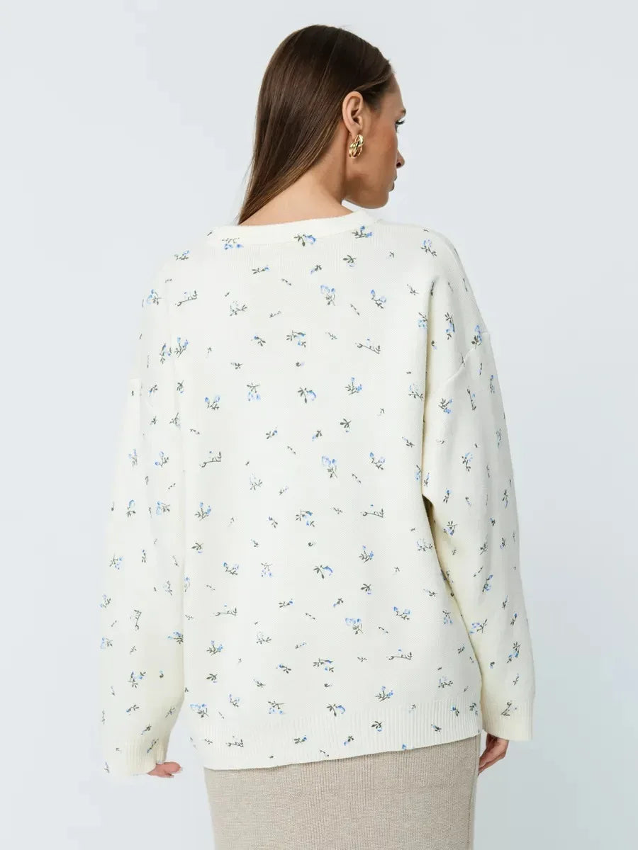Women's Cream White Floral Print Longline Knit Sweater Crew Neck Relaxed Fit Cardigan with Flowers Fall Winter Boho Chic