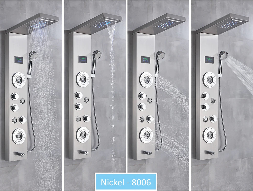 LED Shower Panel Tower System Rain Waterfall Shower Column Hydroelectricity LCD Display With Massage Body Spa Bath Shower Faucet