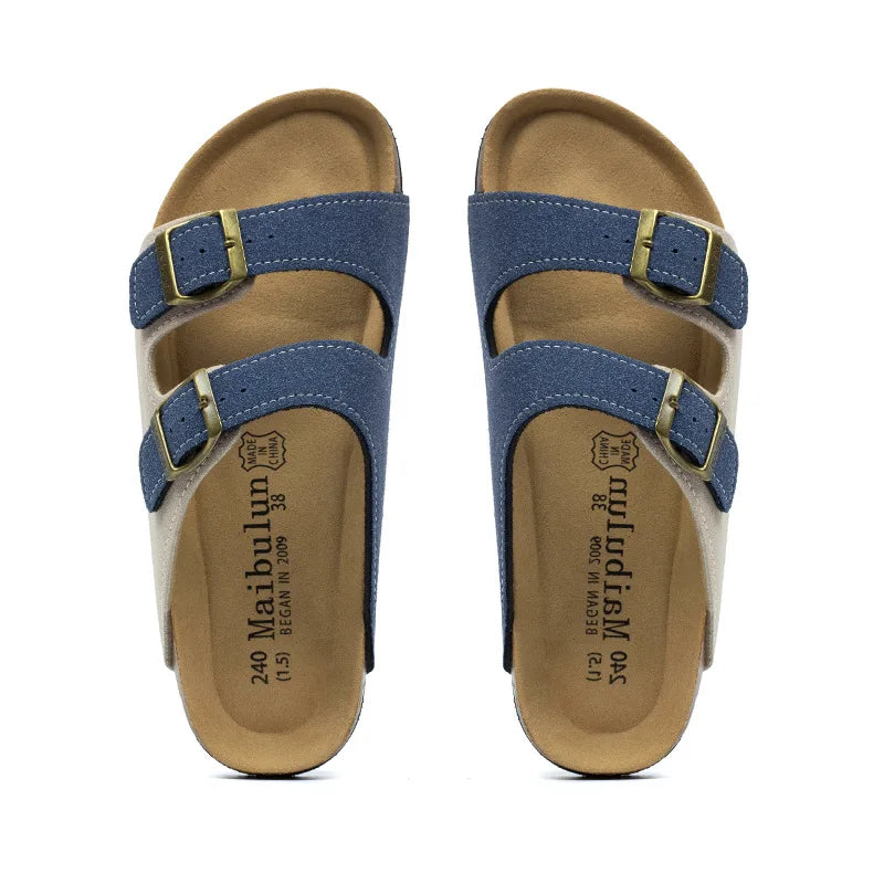 Nubuck Women Cork Slippers Summer Mule Clogs Flats Sandals Slides Casual Beach Couple Double Buckle Soft Shoes Footwear Big Size
