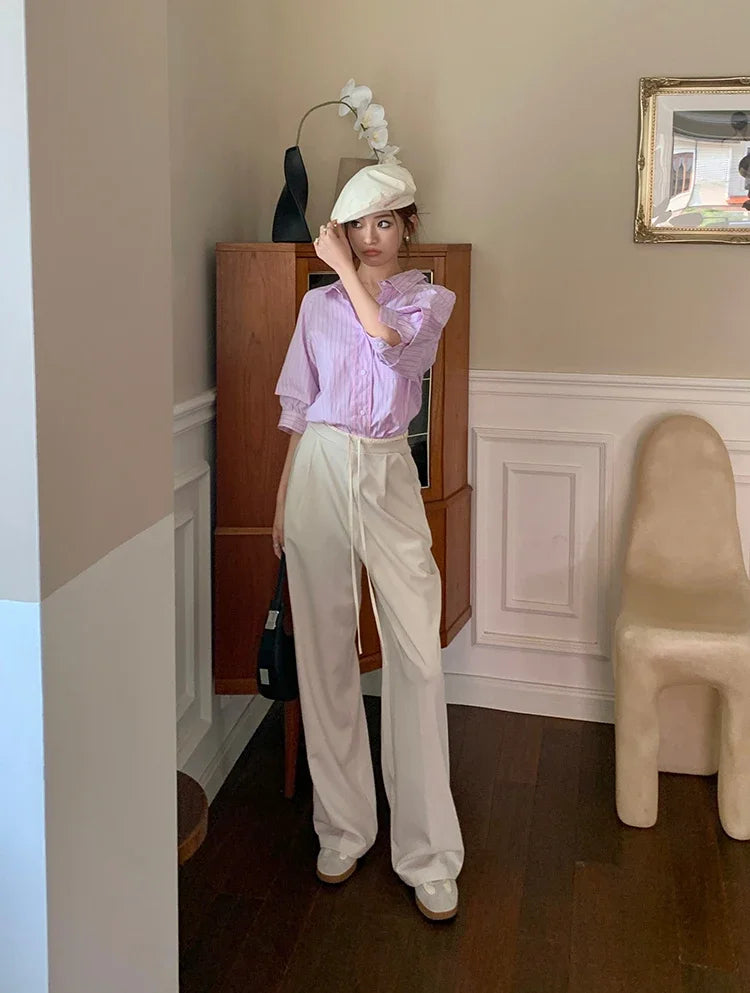 Elastic Waist Drawstring Loose Slim Casual Versatile Trousers 2026 Autumn New High Waist Women Wide Leg Suit Pants