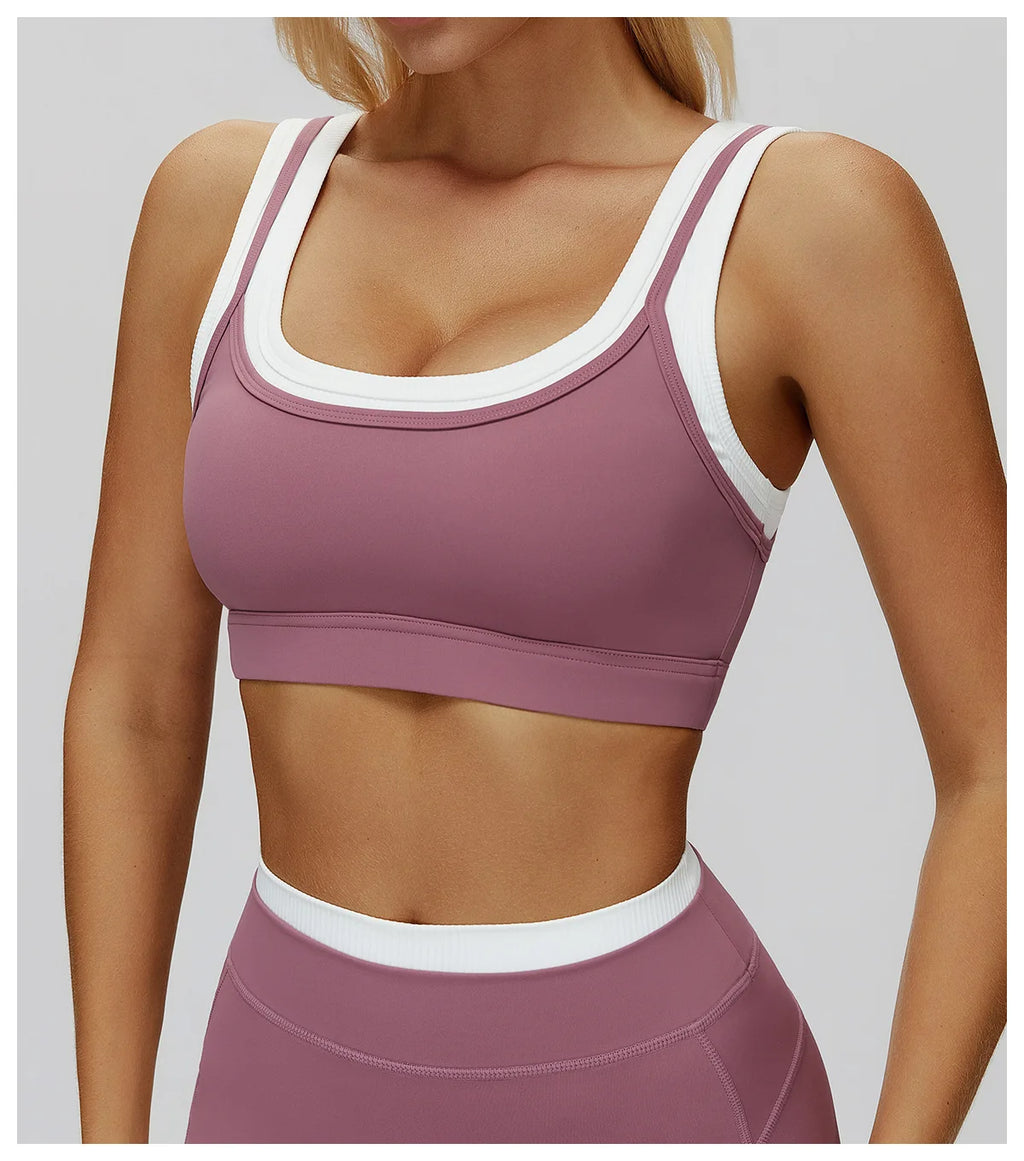 Custom LOGO Women's Naked Fake Two-piece Sports Vest Threaded Contrast Yoga Bra Running Fitness Clothing Top
