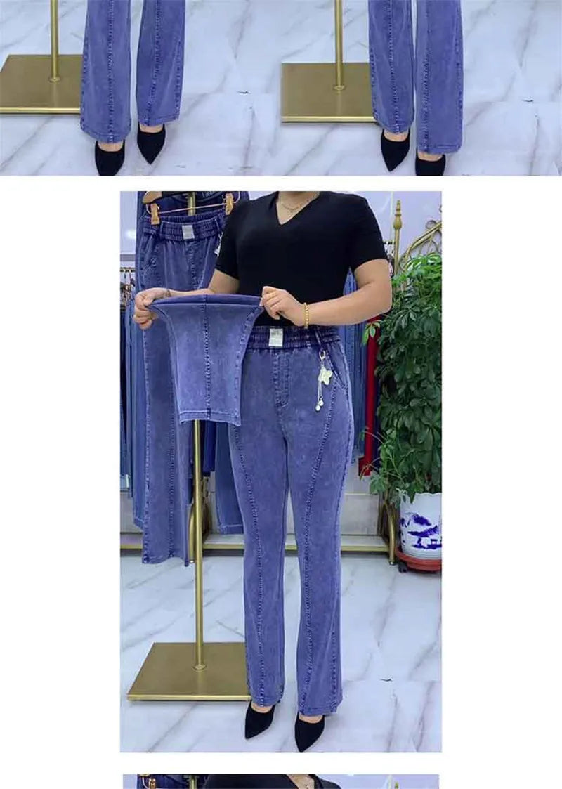 Middle-aged Women's Jeans Spring Fall Stretch Waist Denim Pants Large Size Loose Female Micro Flare Pants Winter Thick Warm Jean