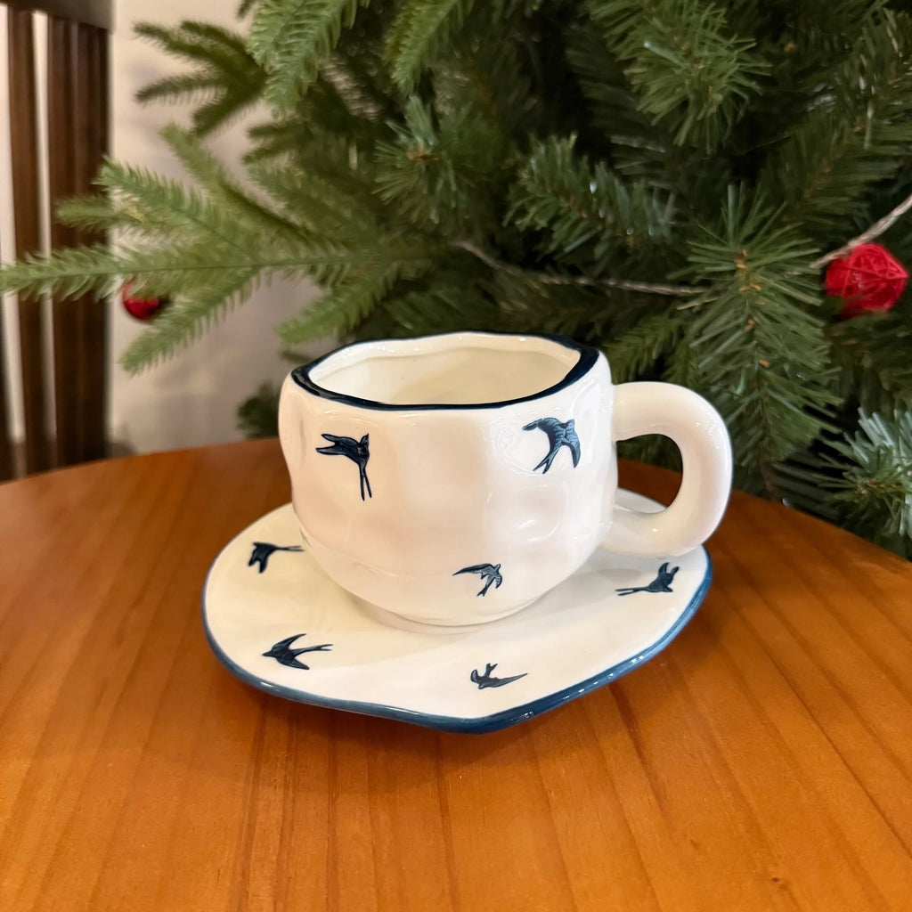 ins style retro flower ceramic cups and saucers, hand-squeezed irregular coffee cups and saucers, afternoon tea cups and saucers