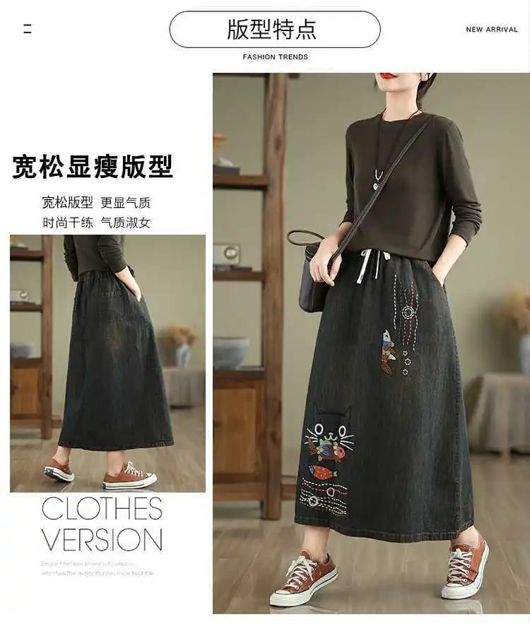 2026 Women's Denim Skirts Retro Cartoon Animal Embroidery Casual Half Skirts Spring Summer High Waist Fashion Loose Midi Skirts