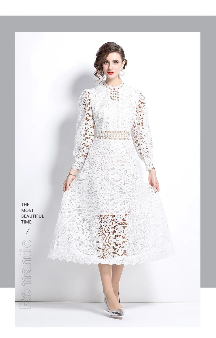 Solid Lace Holloe Out Slimming Elegant Dresses For Women Stand Collar Long Sleeve High Waist Minimalist Dress Female Fashion