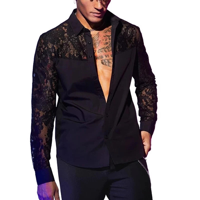 Sexy See Through Mesh Shirts Mens Long Sleeve Embroidery Mesh Lace Shirt For Men Spring Autumn Fashion Buttoned Lapel Cardigans