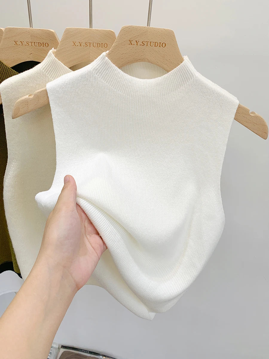 2026 Women Knitted Tank Top Spring Summer Slim Sweater Short Sleeveless Solid Spring Autumn Sweaters Pullovers