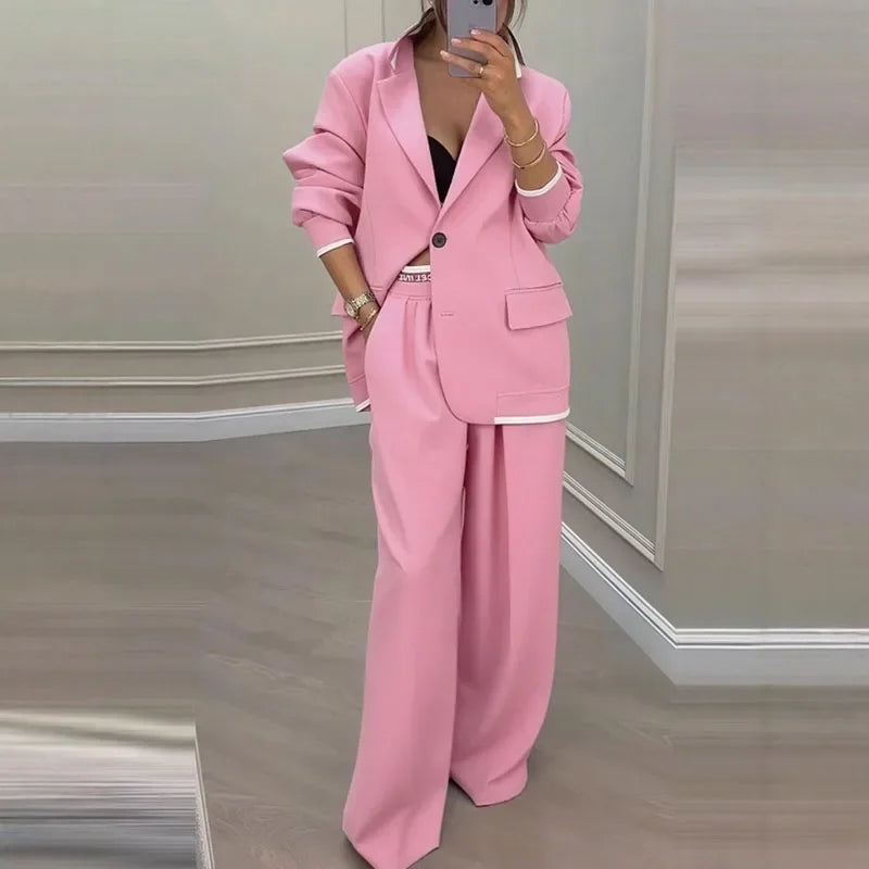 Casual Women's Suit Set Autumn Sexy Turn down Collar Button Blazer & Straight-leg Pants Set Winter Solid Long Sleeve Chic Outfit