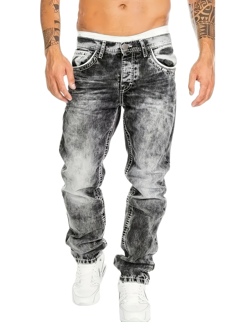 1pc Men's Casual Slim-Fit Stretch Jeans, Fashionable Street-Style Gradient Denim Pants with Washed-Out Look, Regular Fit, Machin