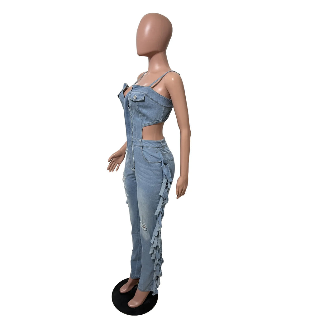 FAGADOER Fashion Fringed Bodycon Denim Jumpsuits Women Sexy Spaghetti Strap Hollow Out Zipper Pocket Patchwork Romper Streetwear
