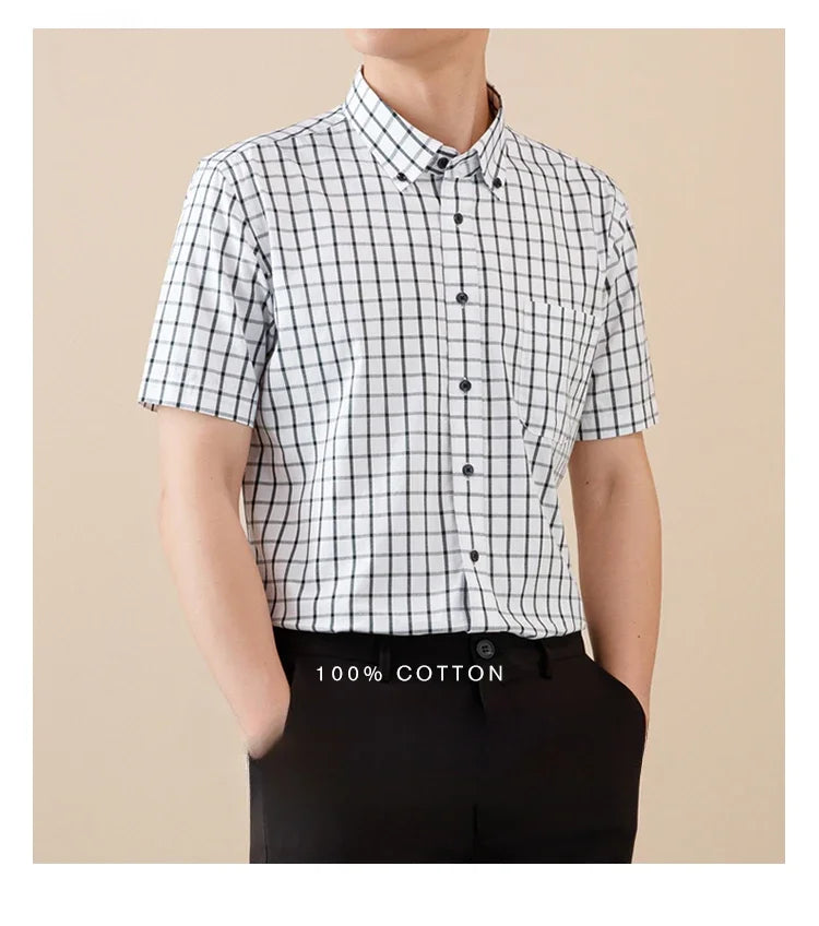 New In Shirt Summer 100%Cotton Short Sleeve Shirts for Men Slim Fit Formal Plain Shirt Designer Plaid Korean Popular Clothes