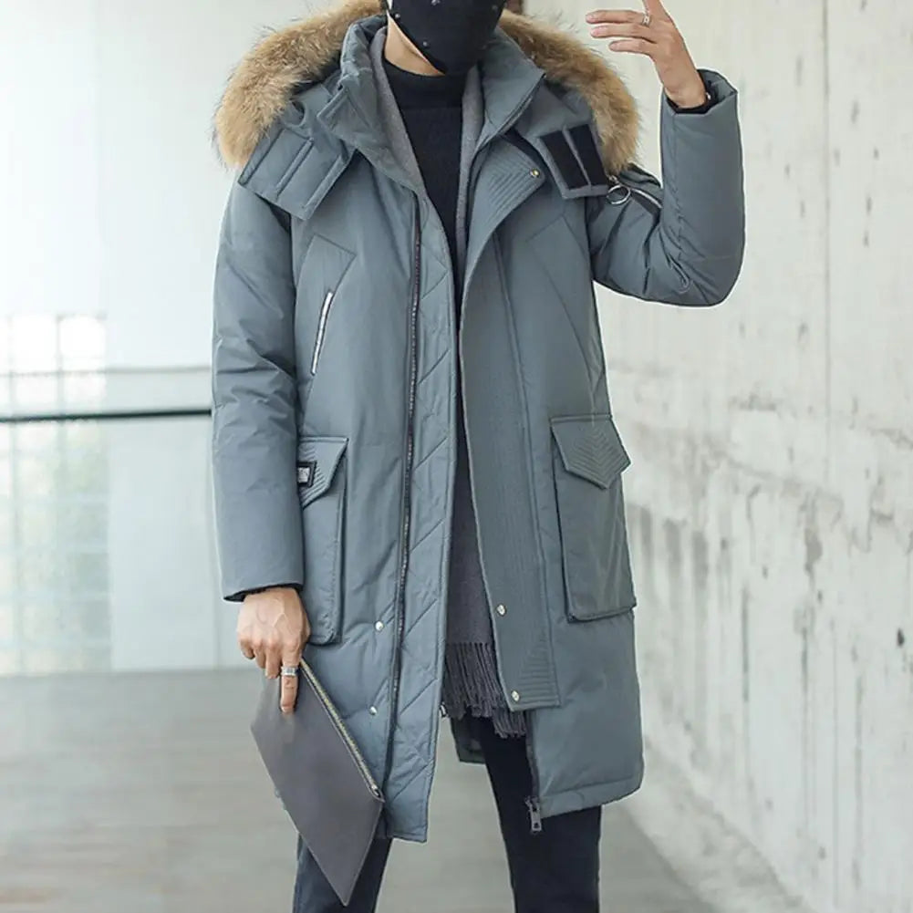 Men Down Jacket Fur Collar Hooded Long Sleeve Solid Color Winter Coat Zipper Placket Pockets Thickened Puffer Outwear