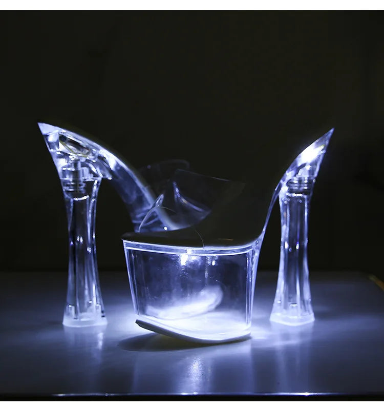 Glowing Crystal High Heels 17cm Nightclub Shoes Sexy Transparent Waterproof Platform Showgirl Stiletto Women's Sandals