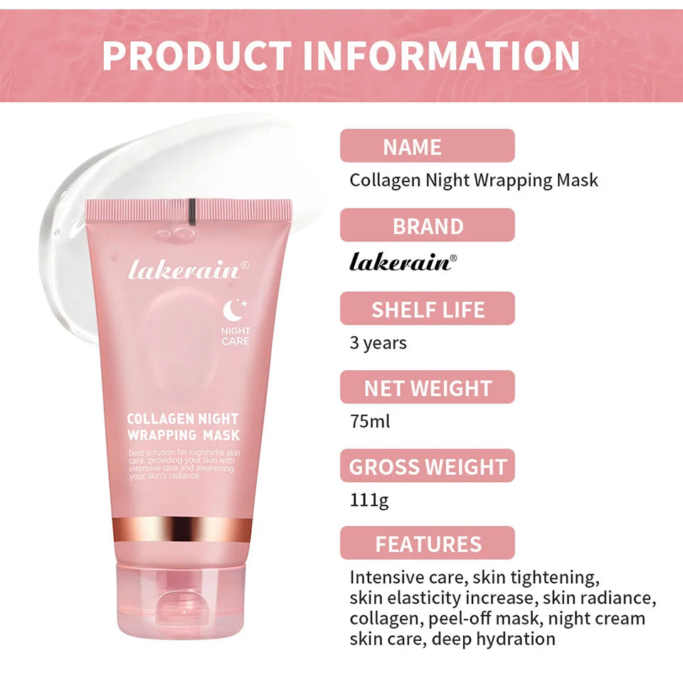 Collagen Overnight Wrapping Peel Off Facial Mask, Korean Collagen Night Wrapping Mask Deeply Hydrates Night Care Mask Cream 75ml