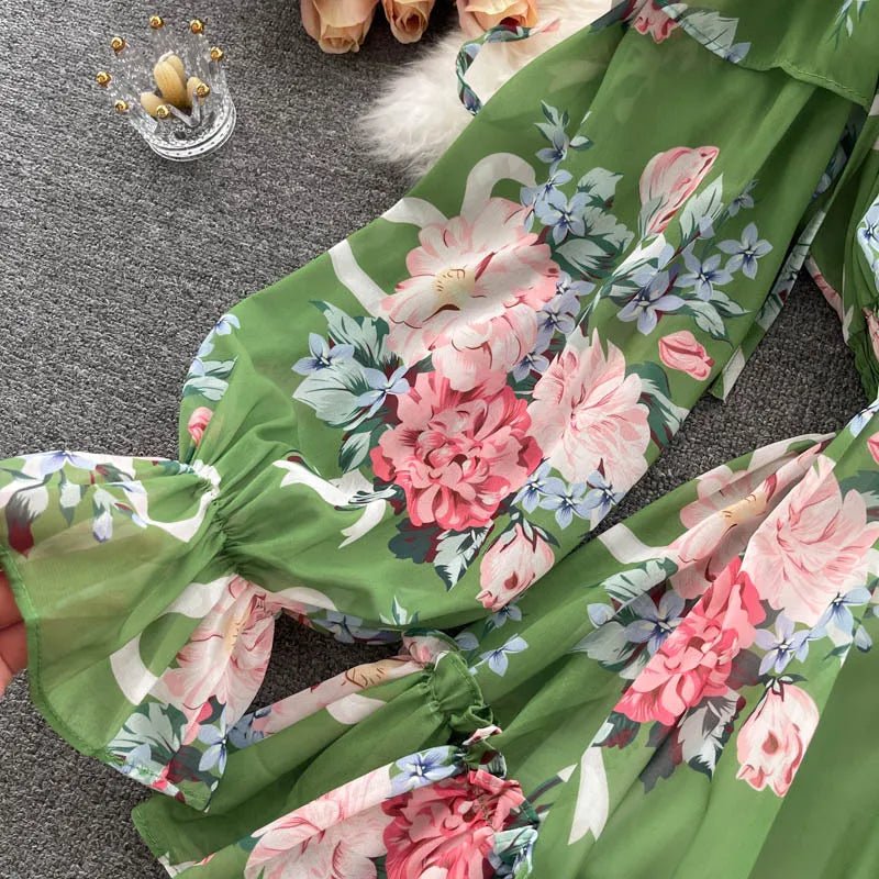 2025 New Retro Summer Beach Vacation Dress Women Sexy Strapless Lantern Sleeve Sweet Floral Jumpsuit Short Chiffon Print Dresses