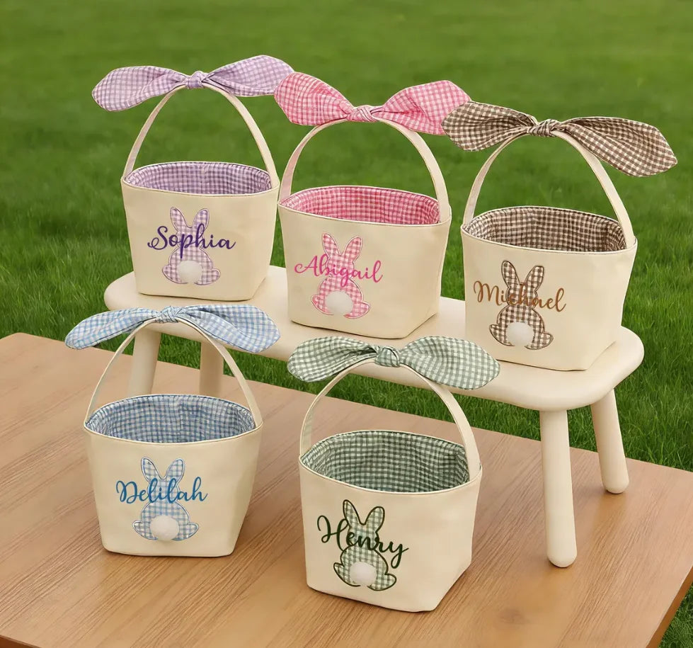 Personalized Easter Basket, Custom Embroidered Name, Bunny Rabbit Basket, Easter Egg Hunt Basket, Easter Gift for Kids
