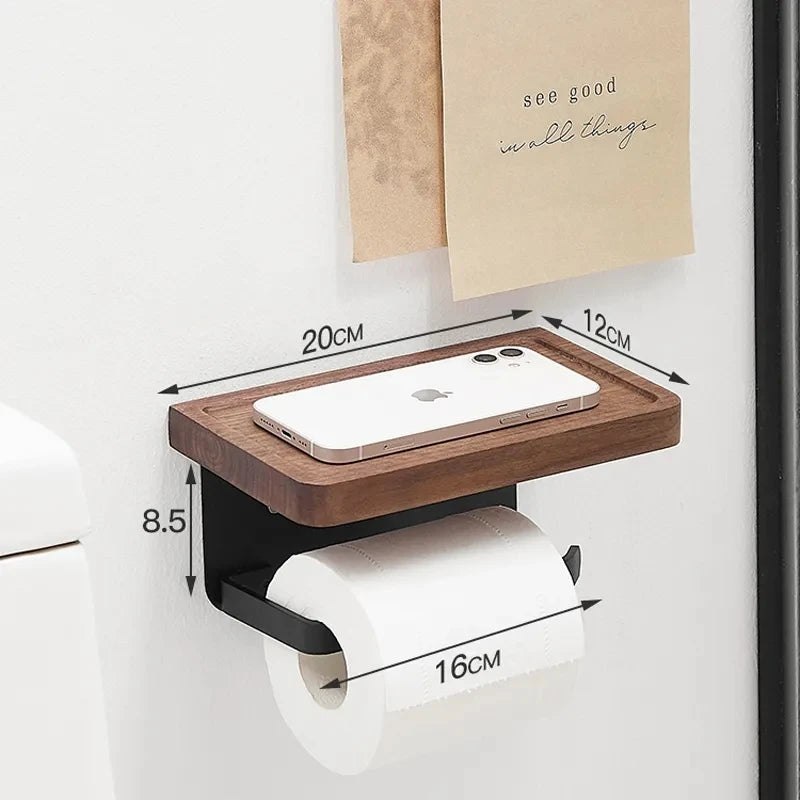 Wooden Toilet Paper Holder With Shelf Wall Mount Rustproof Matte Black Toilet Paper Holder Wall Mount Toilet Paper Roll Holder