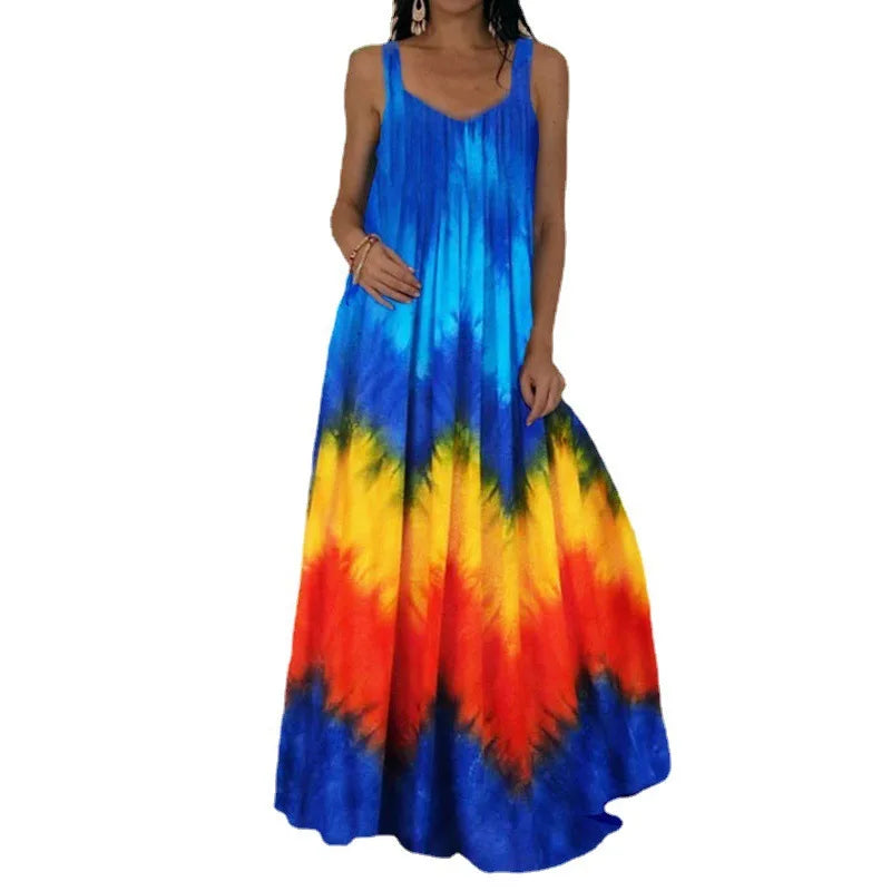 Women's Fashionable Flame Printed Sleeveless Dress  Summer Casual Printed Long Dress