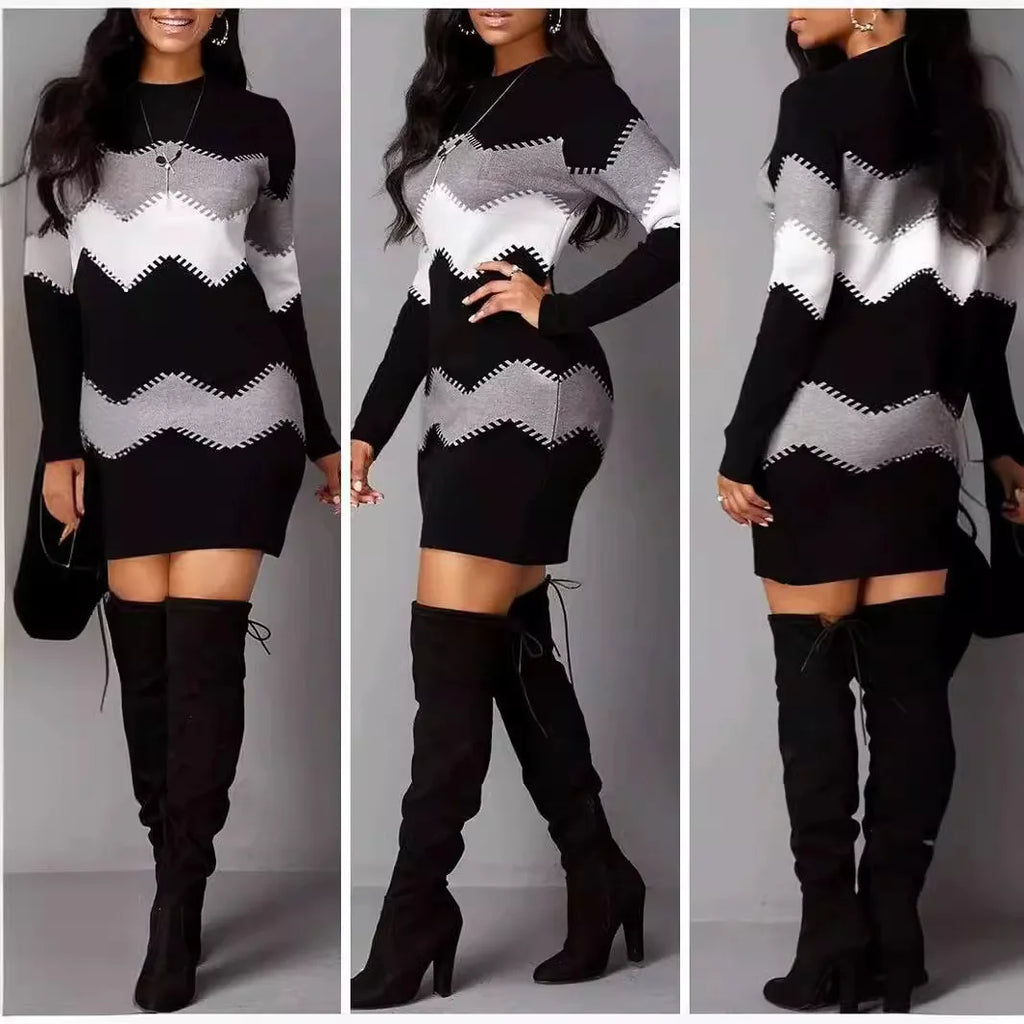 Elegant Party Dresses Female Clothing Women's New Style Women's Fashion Knitted Women's Pullover Knitted Patchwork Tops Dresses