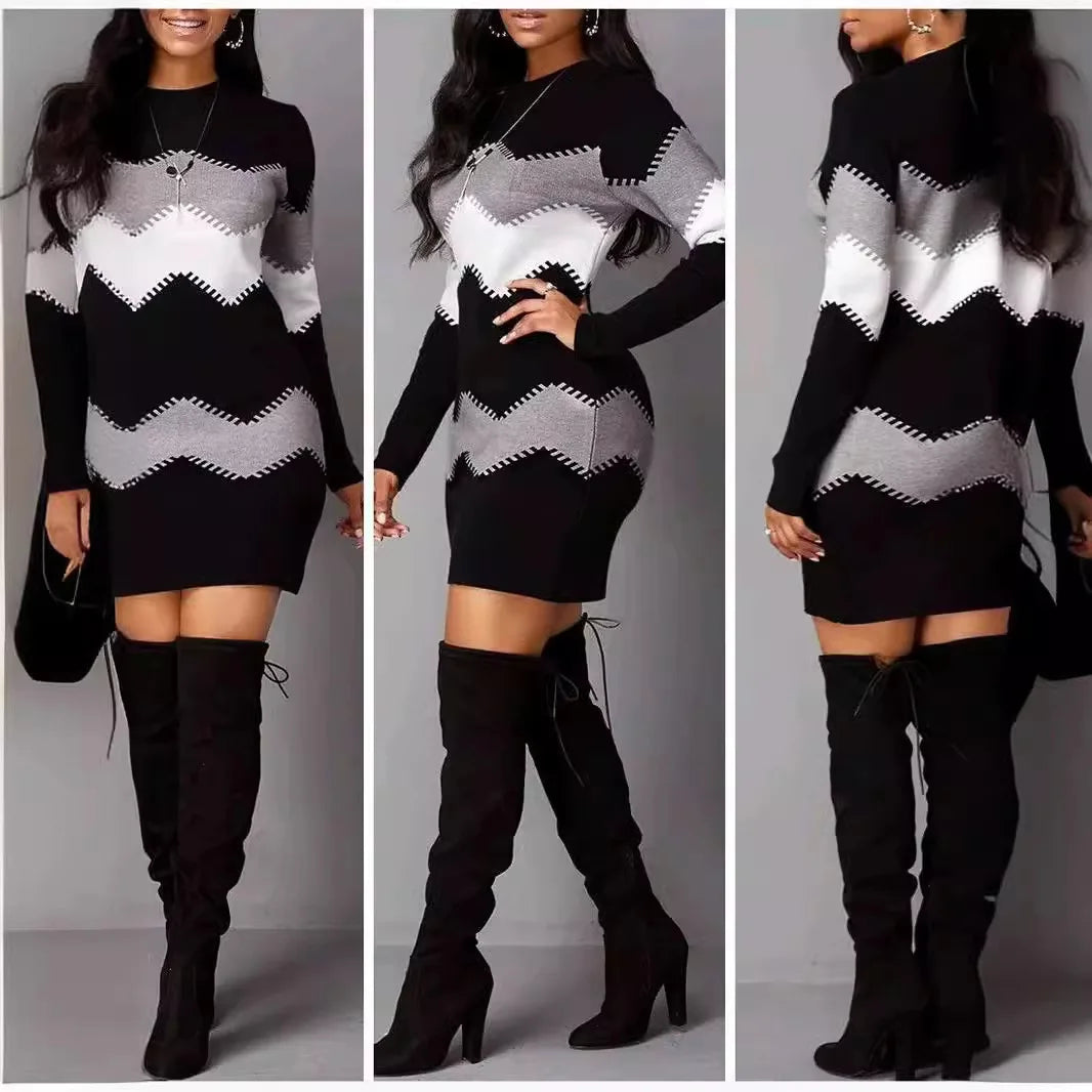 Elegant Party Dresses Female Clothing Women's New Style Women's Fashion Knitted Women's Pullover Knitted Patchwork Tops Dresses