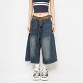 High Waist Black Retro Washed Denim Shorts Women's Harajuku Vintage Fashion Casual Loose Y2K Streetwear Mid Long Wide Leg Pants