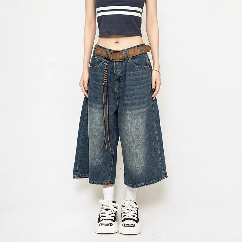 High Waist Black Retro Washed Denim Shorts Women's Harajuku Vintage Fashion Casual Loose Y2K Streetwear Mid Long Wide Leg Pants