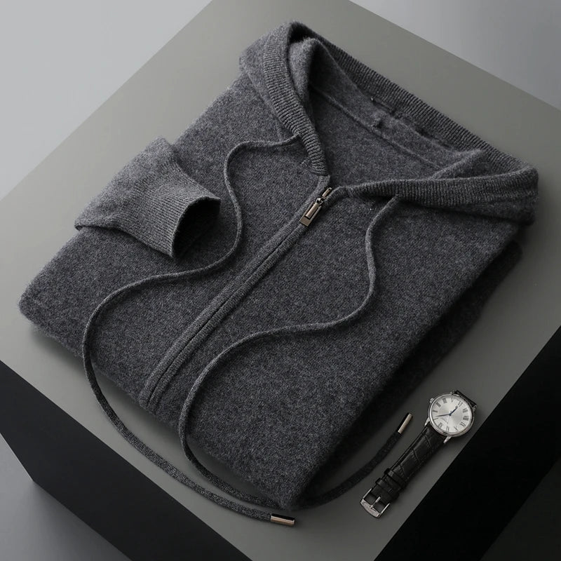 Hot Selling New Style Real Knitted Men's Cardigan Hooded Sweater Loose Full Sleeves Autumn and Winter Men's Pure Wool Sweater