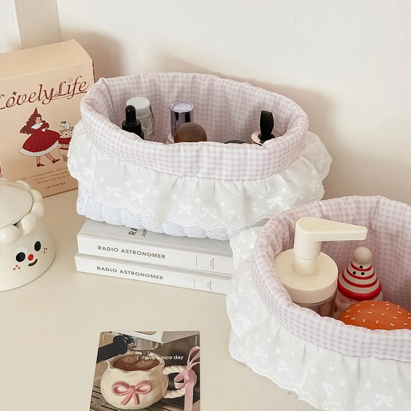 Korean Dot Lace Makeup Bag Case Fashion Travel Cosmetic Case for Girls Large Capacity Cosmetics Storage Brush Organizer Case