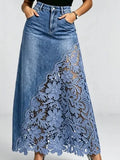 Women High Waist Denim Maxi Skirt Asymmetrical Floral Hollow Lace Patchwork Long Jean Skirt with Pockets Boho A Line Skirt