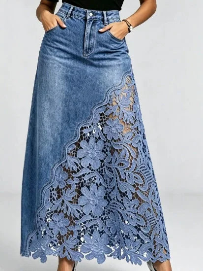 Women High Waist Denim Maxi Skirt Asymmetrical Floral Hollow Lace Patchwork Long Jean Skirt with Pockets Boho A Line Skirt