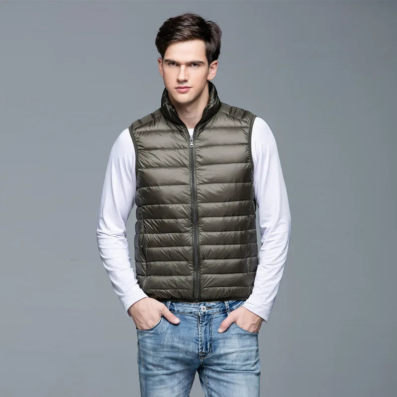 Autumn and Winter Men's 90% White Duck Down Vest Casual Lightweight Down Warm Solid Sleeveless Jacket Men's Portable Pocket Vest