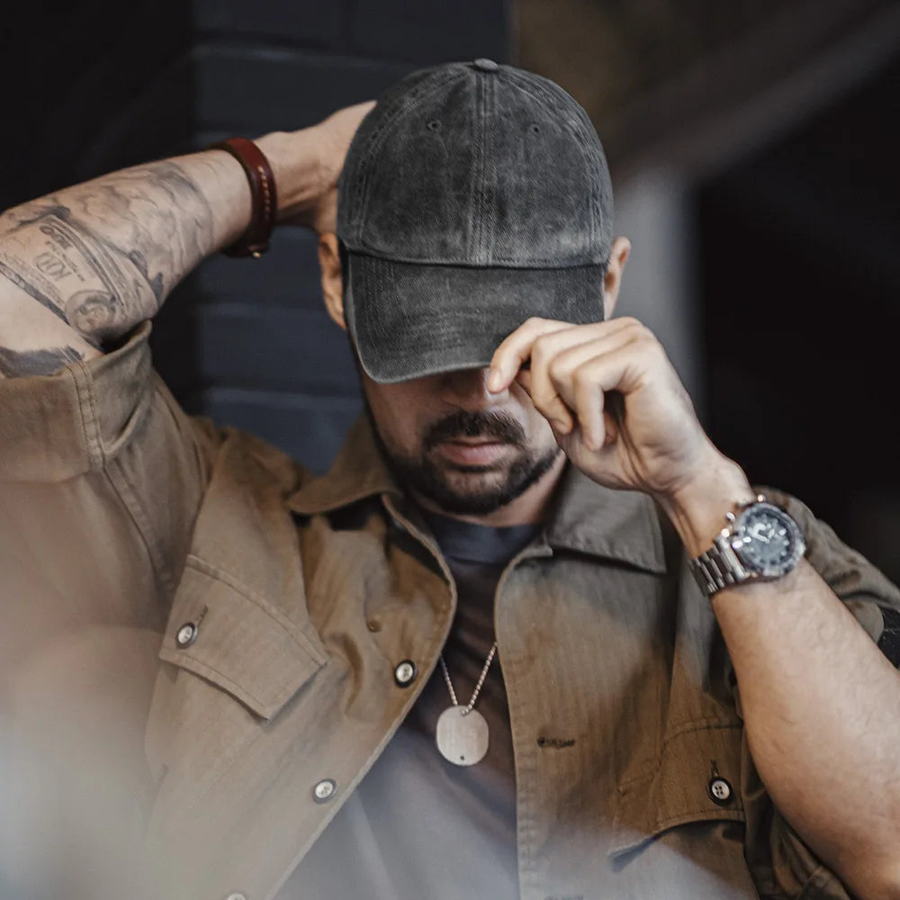Maden Vintage Gray Adjustable Frayed Baseball Cap Peaked Twill Daily Versatile Hat for Men And Women's OOTD Casual Trend Hat