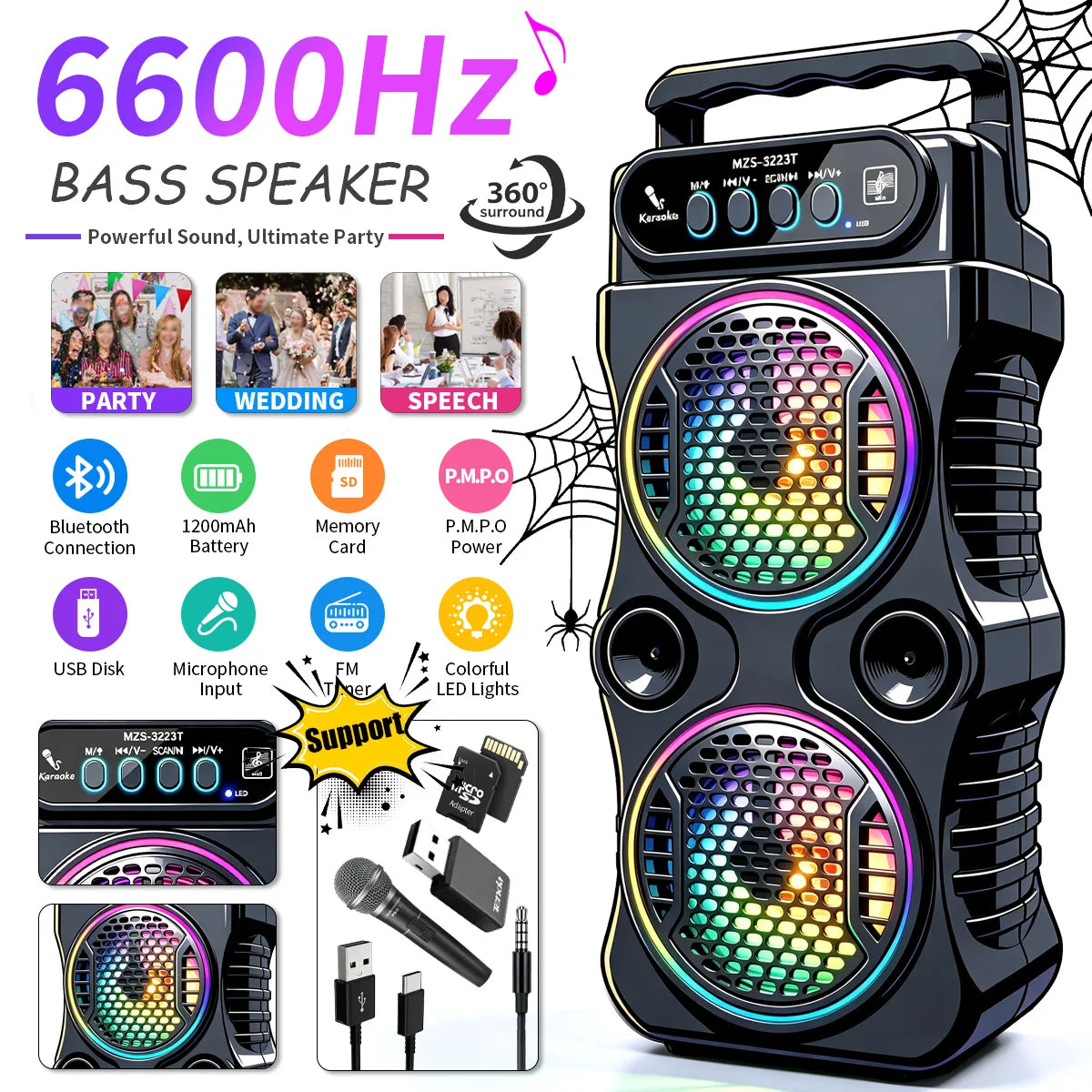 8000Hz portable Bluetooth speaker, outdoor deep bass, wireless dual speakers, microphone support, party audio, dual speakers, 12
