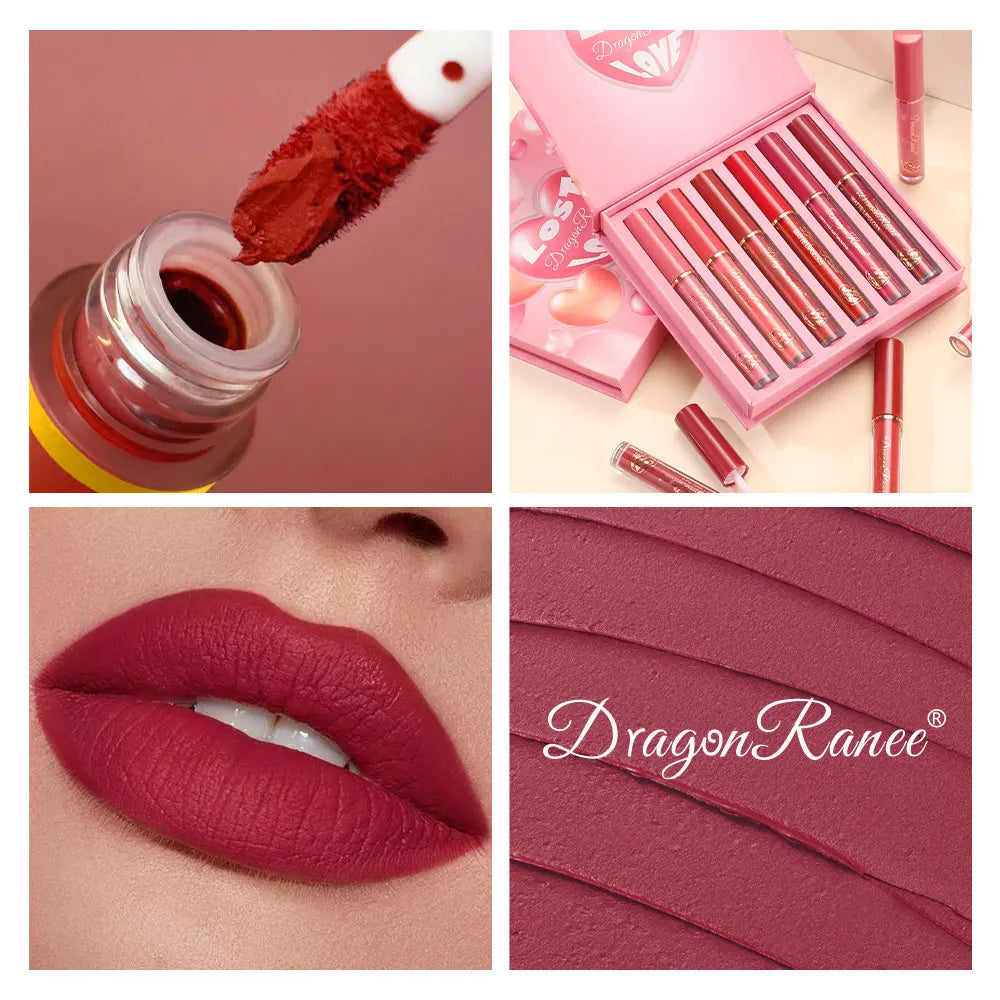 Set of Six Lip Glazes, Matte and Fine Texture, Easy to Apply, Non-Stick, Waterproof and Sweat-Proof, Versatile for Daily Use, Lip Gloss and Lipstick Set