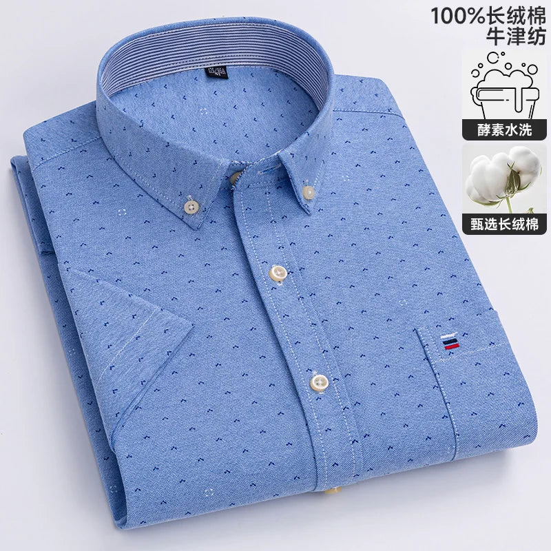 New 100% Cotton Oxford Men's Shirts Short Sleeve Plaid Soft Regular Fit Formal Dress Shirt Social Blouse Male Clothes 6XL 7XL