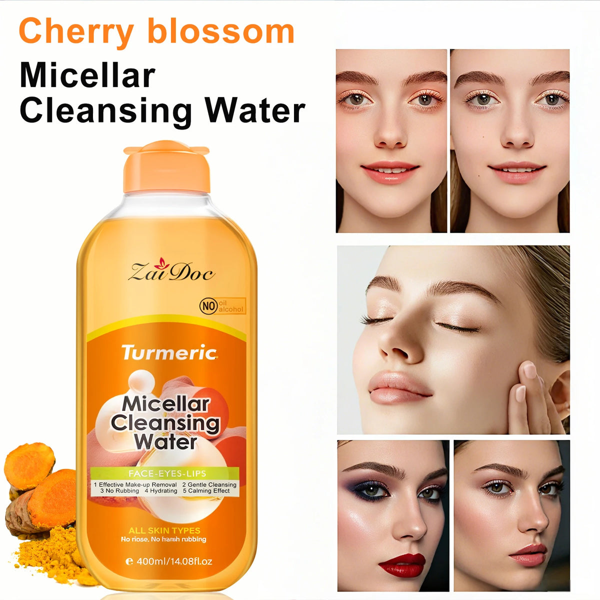 ZaiDoc Turmeric/Cherry Blossom Micellar Cleansing Water Makeup Remover No Rinse No Rubbing All Skin Types Face Eyes Lips 400ml Each