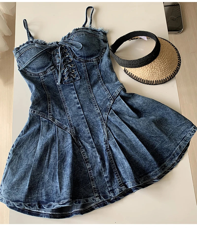 Sexy Mini Spaghetti Strap Lace-Up Jeans Dress Women 2024 New Trendy Summer Girls Dress Fashion Ripped Tassel Denim Dress Female