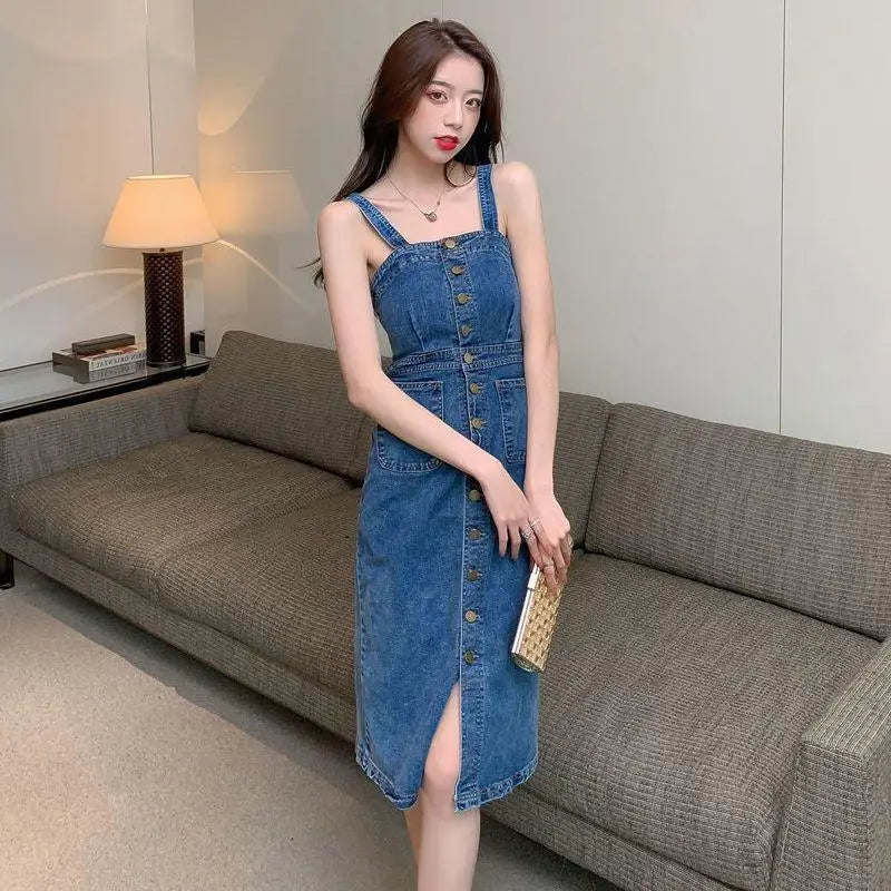 Denim Dress Sexy Style New Arrival Ins Strap Waist Single Breasted Stitching Female Bodycon Midi Dresses Female Vestidos
