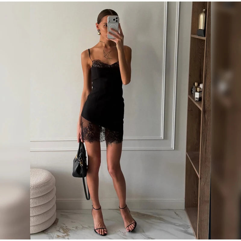 Black Lace Trim See Through Sling Dress Women Waist Cinched Slim Fit Sleeveless Vestidos 2026 Lady Daily Party Short Gowns