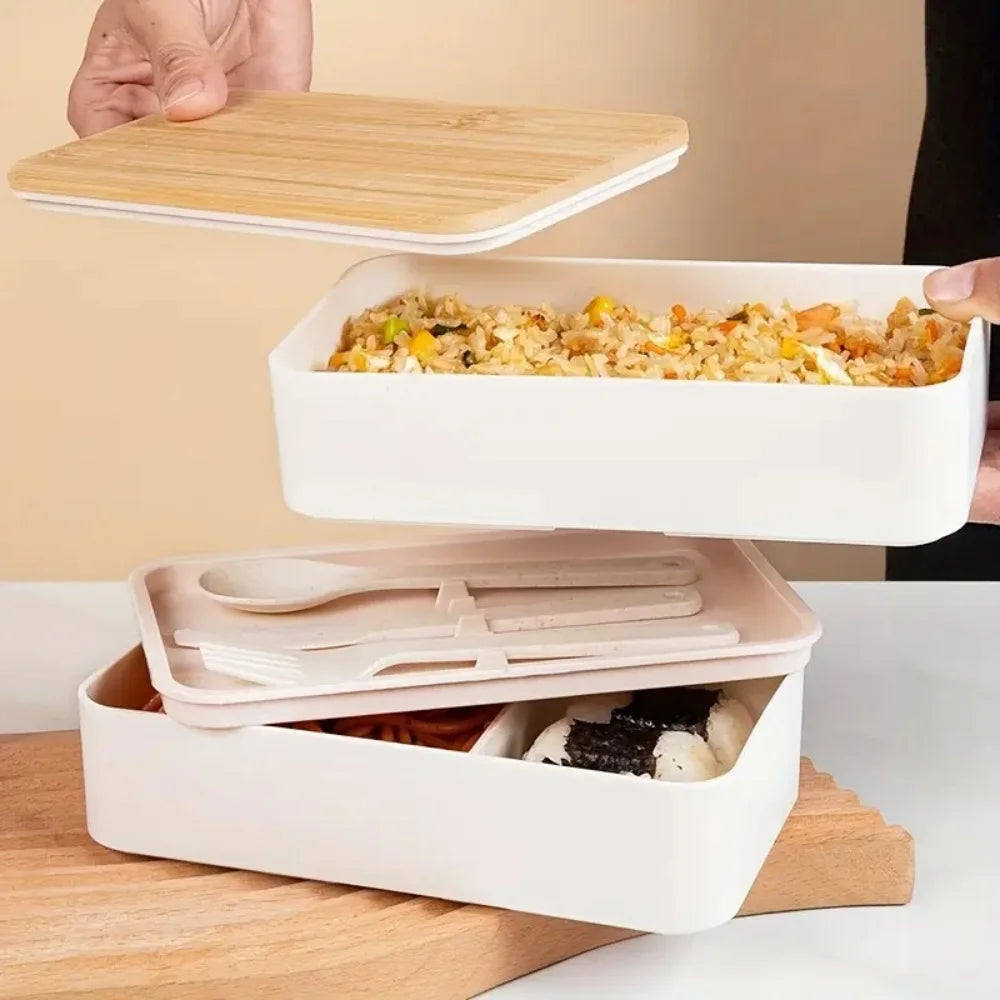 Adult Bento Lunch Box, 2-Tier Food Storage Container Set with Cutlery for Kids/children, Crisper Microwave and Dishwasher Safe