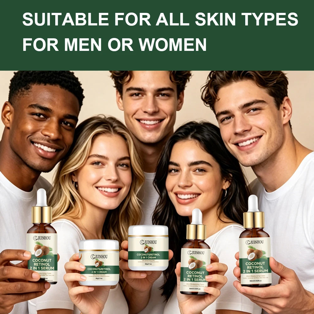JUINHOU Coconut Oil Moisturizing Set Cream & Serum Controls Oil Hydrates Soothes Sun-Induced Redness Suitable For Daily Skincare