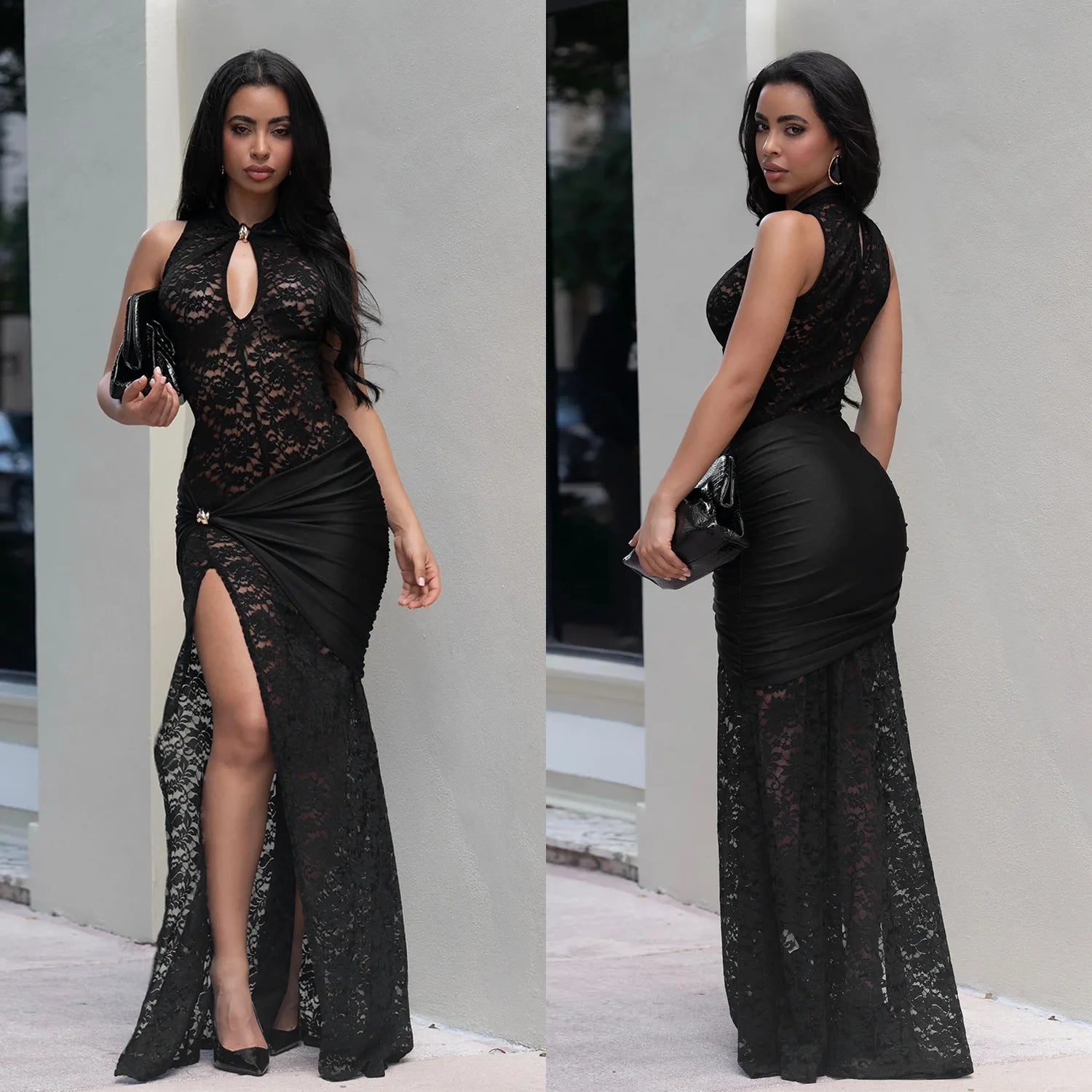 Sexy Women Lace Hollow Out Sleeveless Ruched High Split Maxi Long Dress 2026 Party Trendy Birthday Vacation Beach Dresses