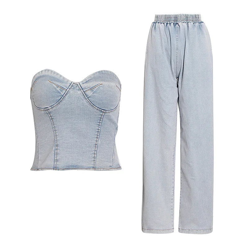2 Piece Set Women Denim Ensemble Strapless Top Sleeveless Backless Zipper Elastic Waist Jeans Suit Streetwear 2025 Sexy Outfits