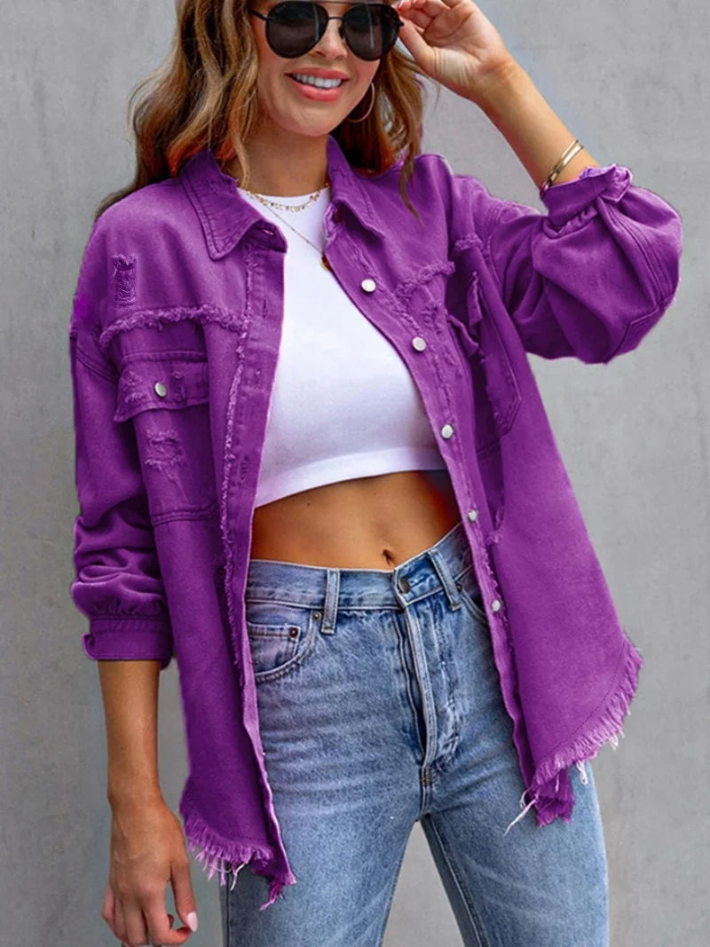 Women's Fashionable Solid Color Mid-Length Ripped Denim Jacket Long-Sleeved Spring Autumn Trend